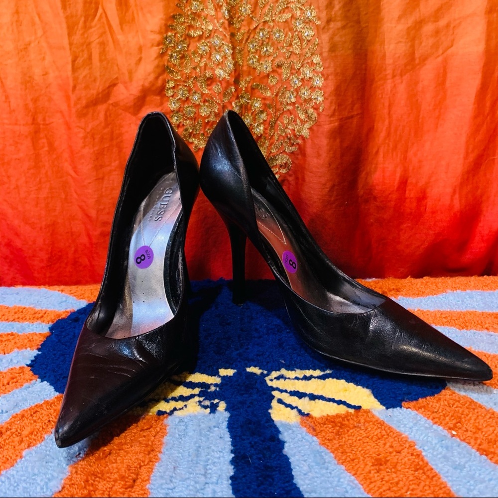 Guess Black Leather Pointy Toe Heels